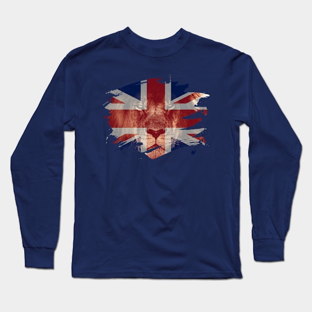 Britain Flag & African Lion Picture - British Pride Design Long Sleeve T-Shirt by Family Heritage Gifts